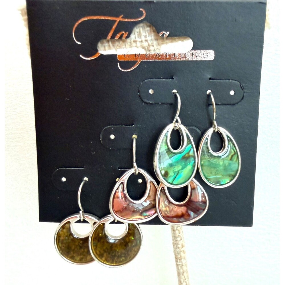 Silver Tone Abalone Shell Resin Hoop Drop Earrings Set 3 Pairs N